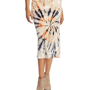 Free People Cream Tie-Dye Midi Skirt with Navy & Orange Spiral